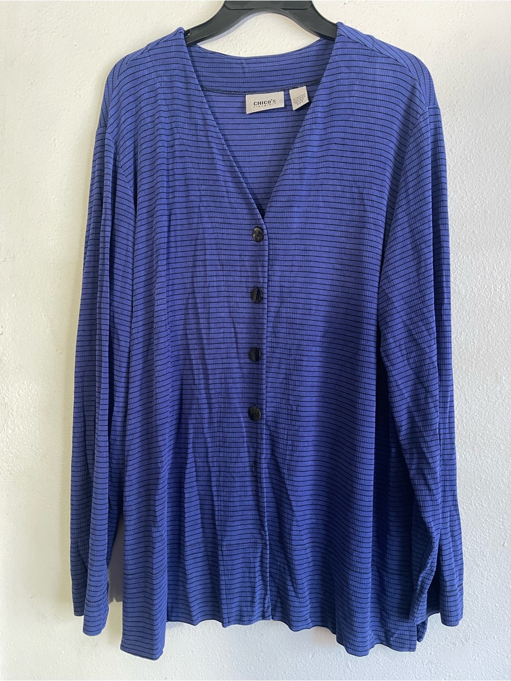 Chico's Blue Ribbed Knit Top with Black Stripe Detail